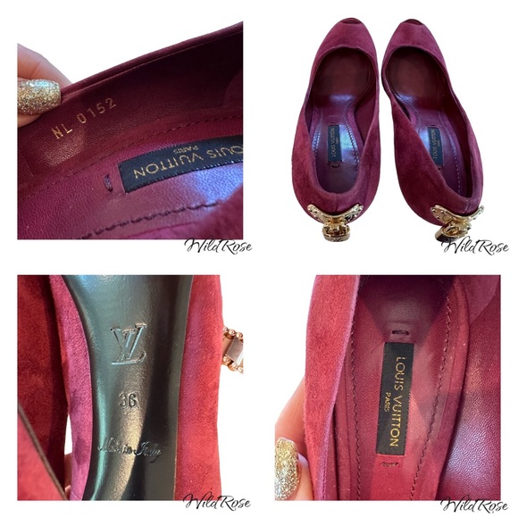 LOUIS VUITTON BURGUNDY SUEDE “OH REALLY” PEEP TOE LV PADLOCK GOLD HEEL PUMPS 36 - Picture 16 of 17